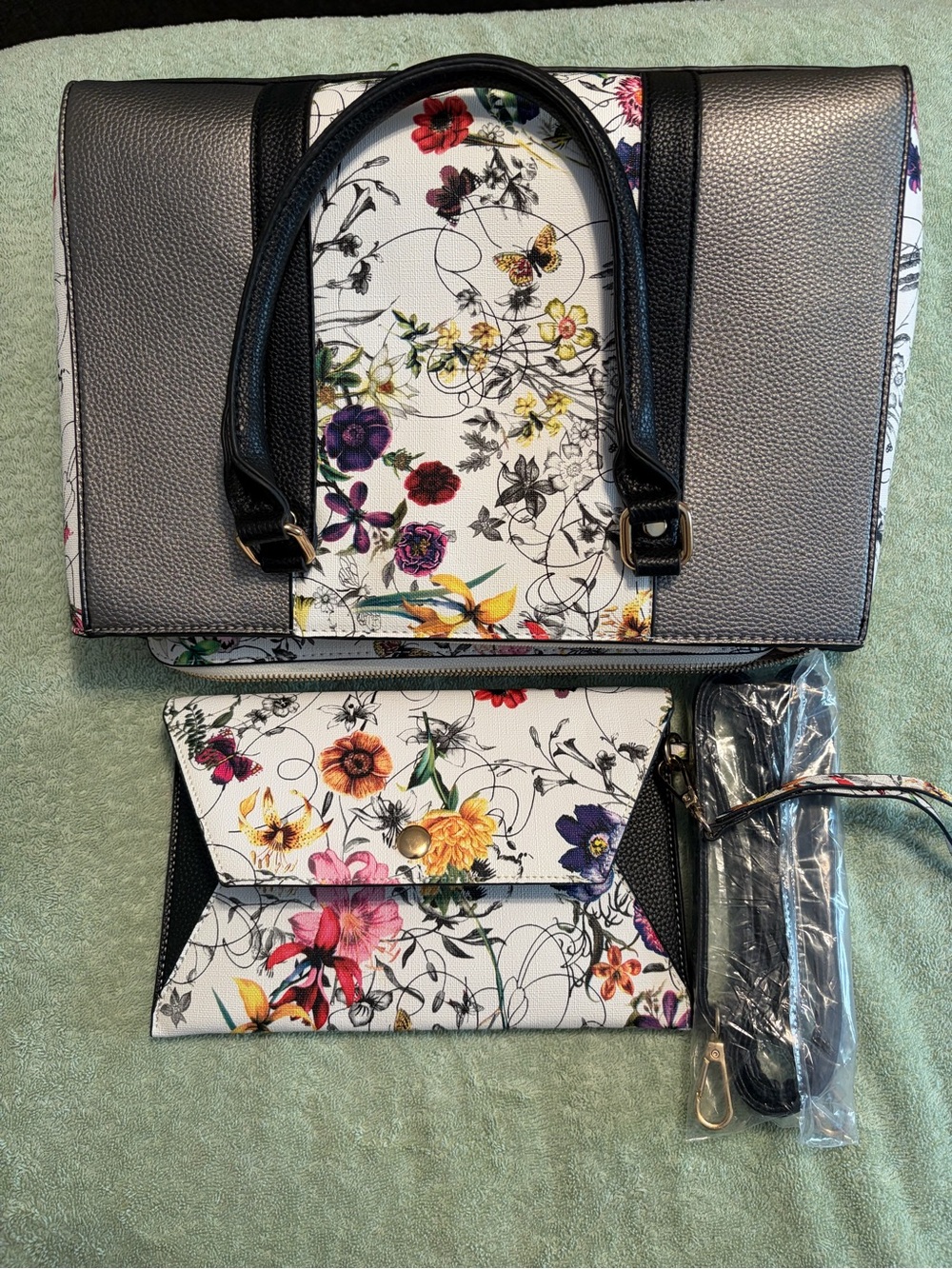 Dasein Floral Satchel Handbag Wristlet Strap Set